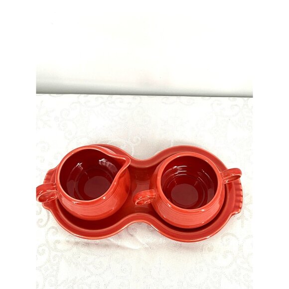 Fiesta "Red Ceramic Creamer & Sugar Bowl Set With Tray Vintage Homer Laughlin Po - Picture 2 of 9